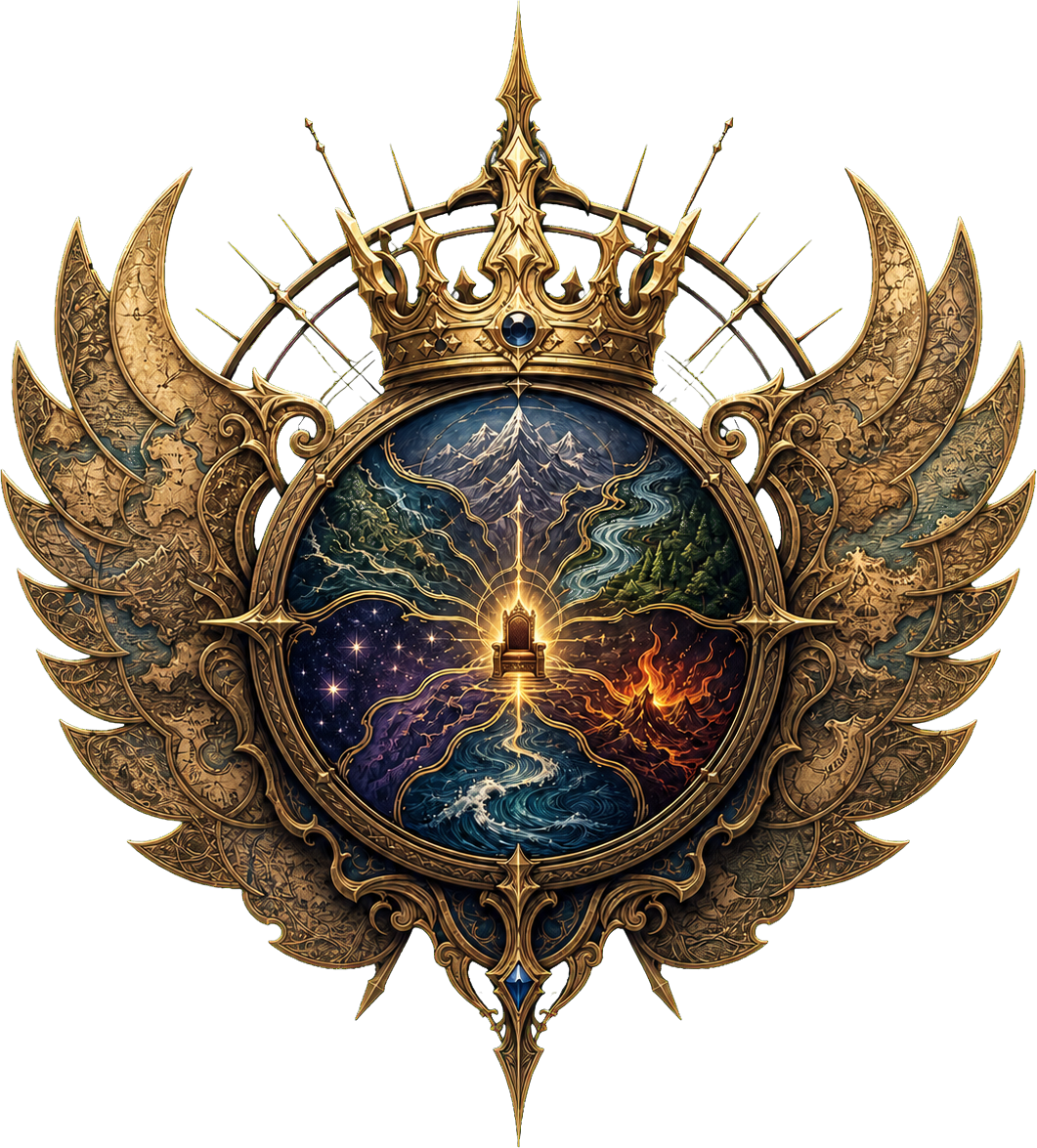 Ornate gold winged crest with a crown enclosing a circular map medallion
