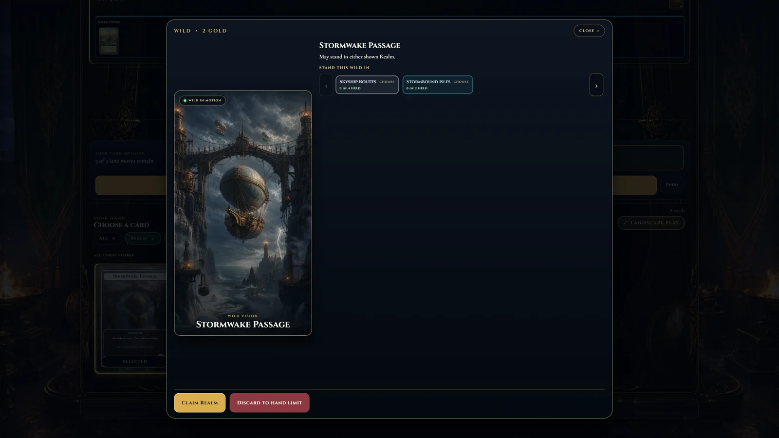 Screenshot from Tribute of the Twelve Realms: the realm inspector showing card art, lore and tribute values