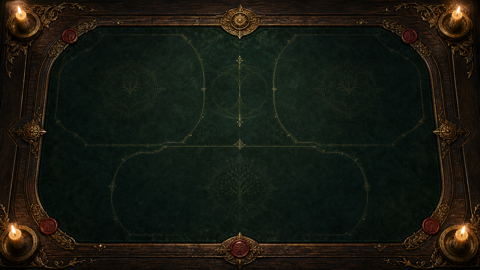 The royal green-felt play board with candles and gold filigree